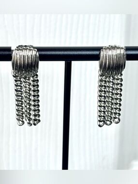 Vintage AVON Dress Silver Tone Shell Pierced Post with Dangle Chains Earrings